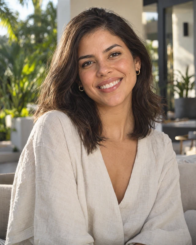Young woman smiling outdoors in a light-colored blouse